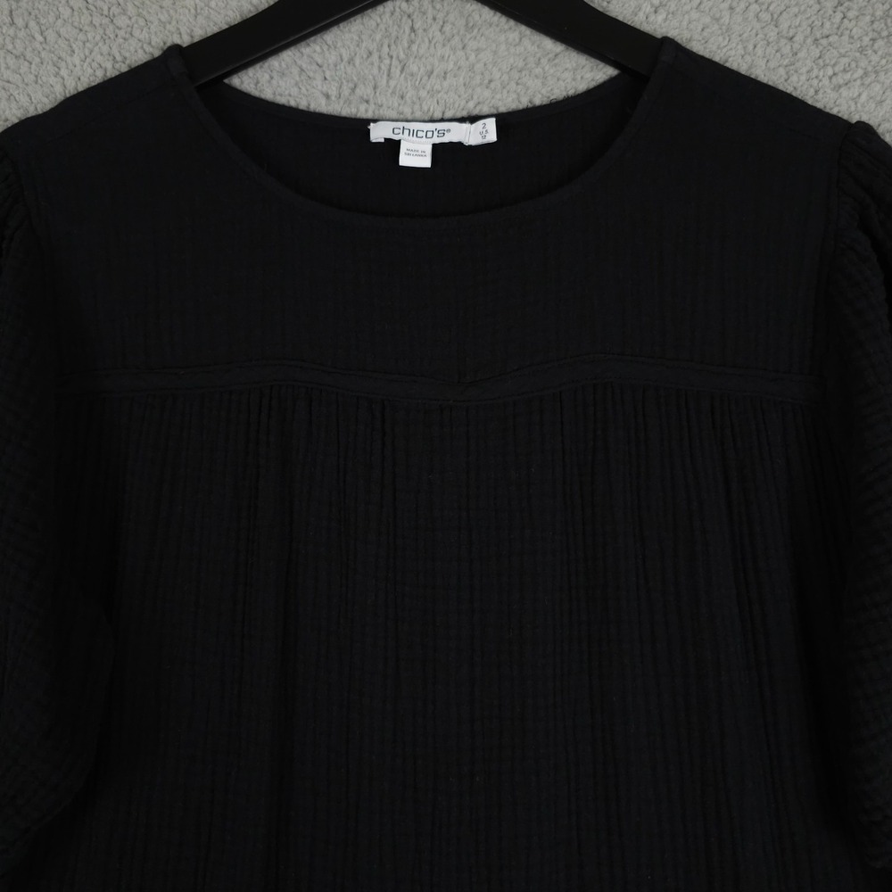 Chicos Dress Womens 2 US 12 Black Gauze Tiered Midi Puff Sleeve Casual Coastal - Picture 8 of 10